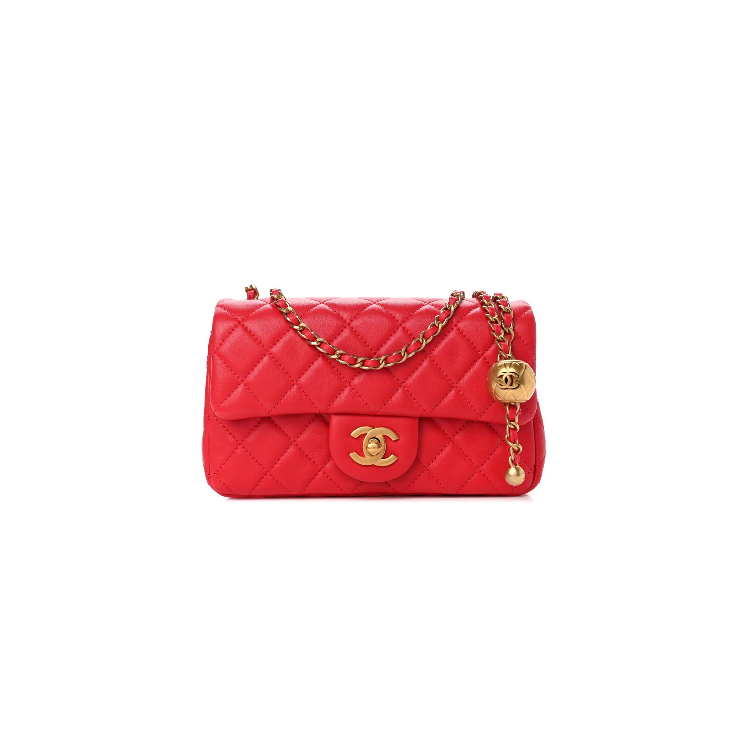 CHANEL LAMBSKIN QUILTED MINI RECTANGULAR PEARL CRUSH FLAP RED (20*13*7cm)